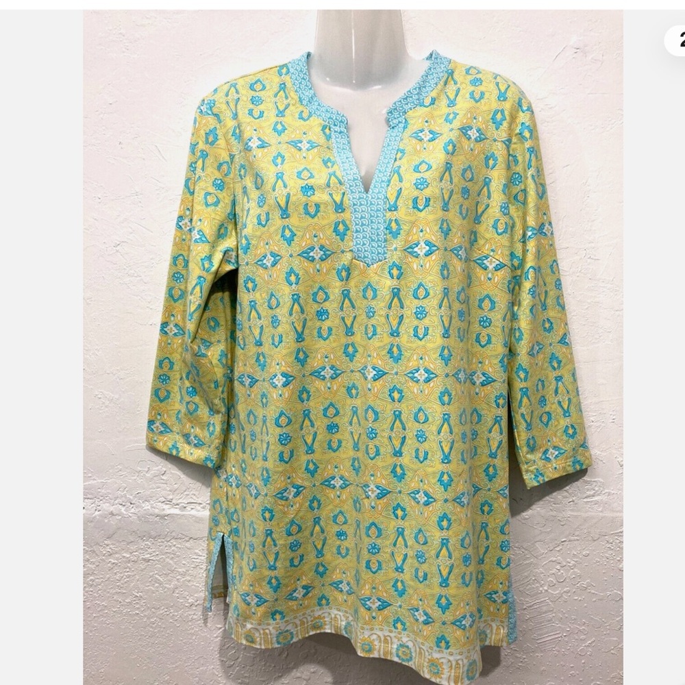 J. McLaughlin Catalina Cloth Geometric Split Neck Green & Blue Tunic Top,Medium